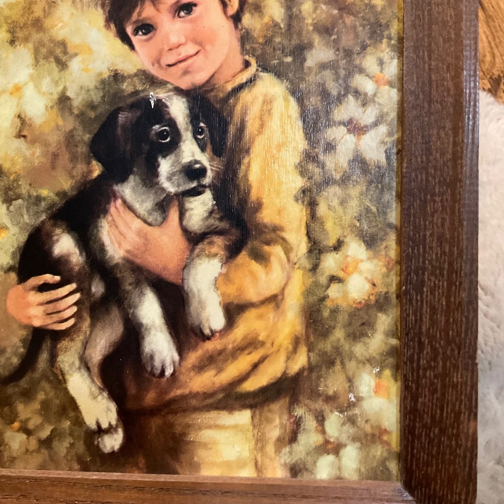 Vintage Boy And Dog Framed Comrades by C. Mitchell Mid Century Artwork Wood Frme - Picture 11 of 12